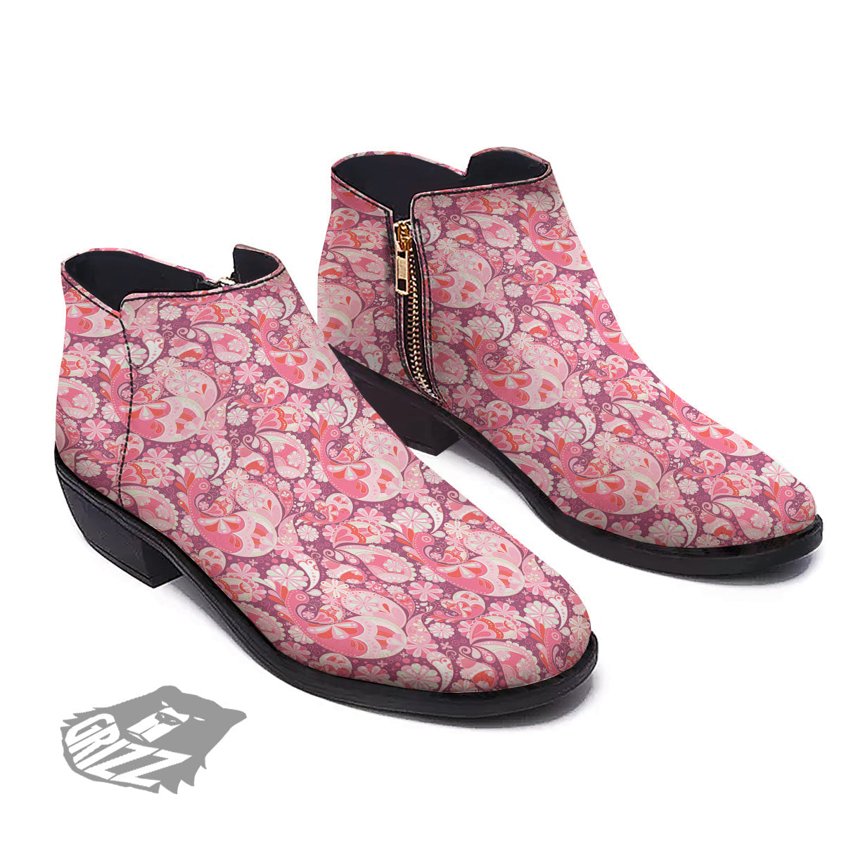 Floral Pink Paisley Print Pattern Ankle Boots-grizzshop