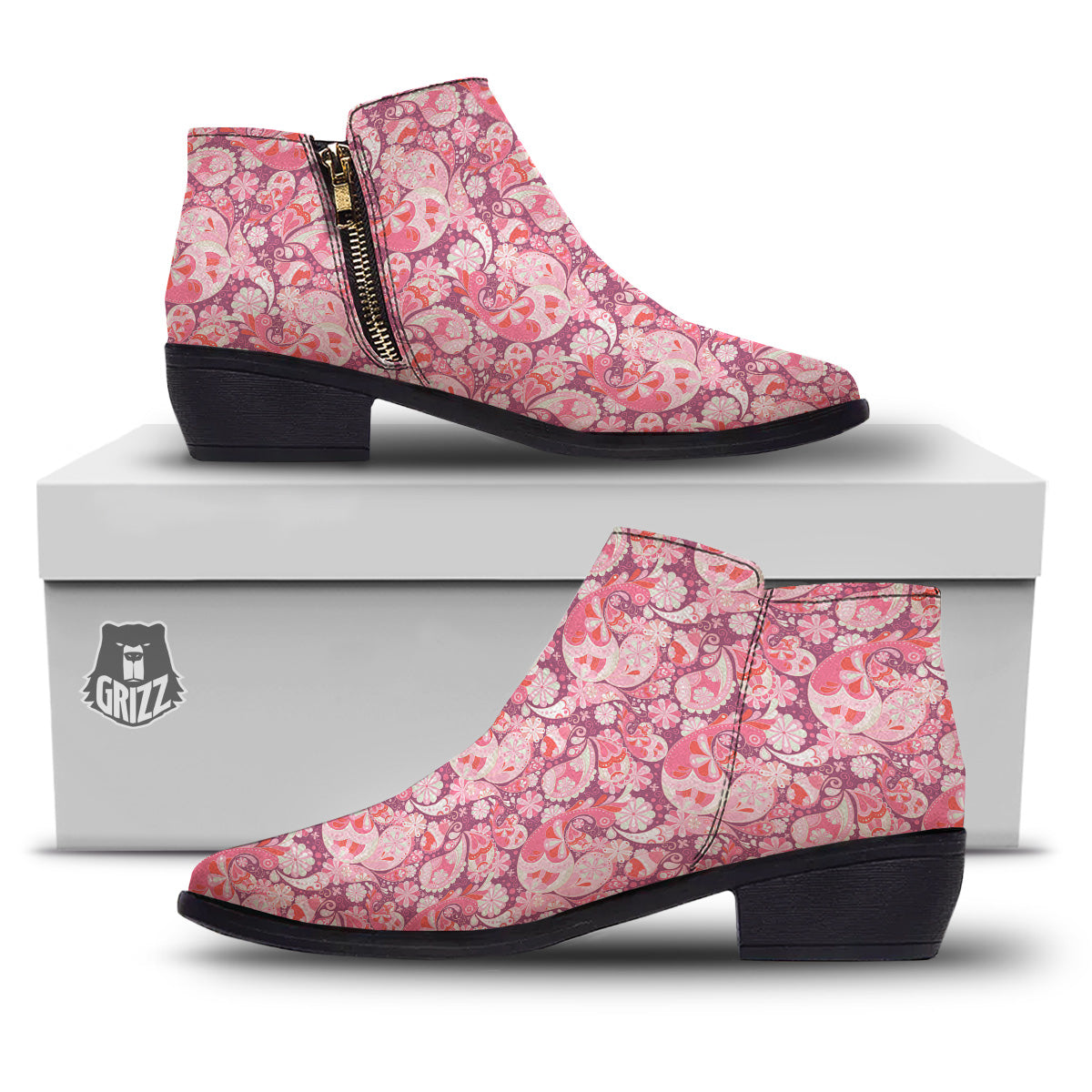 Floral Pink Paisley Print Pattern Ankle Boots-grizzshop