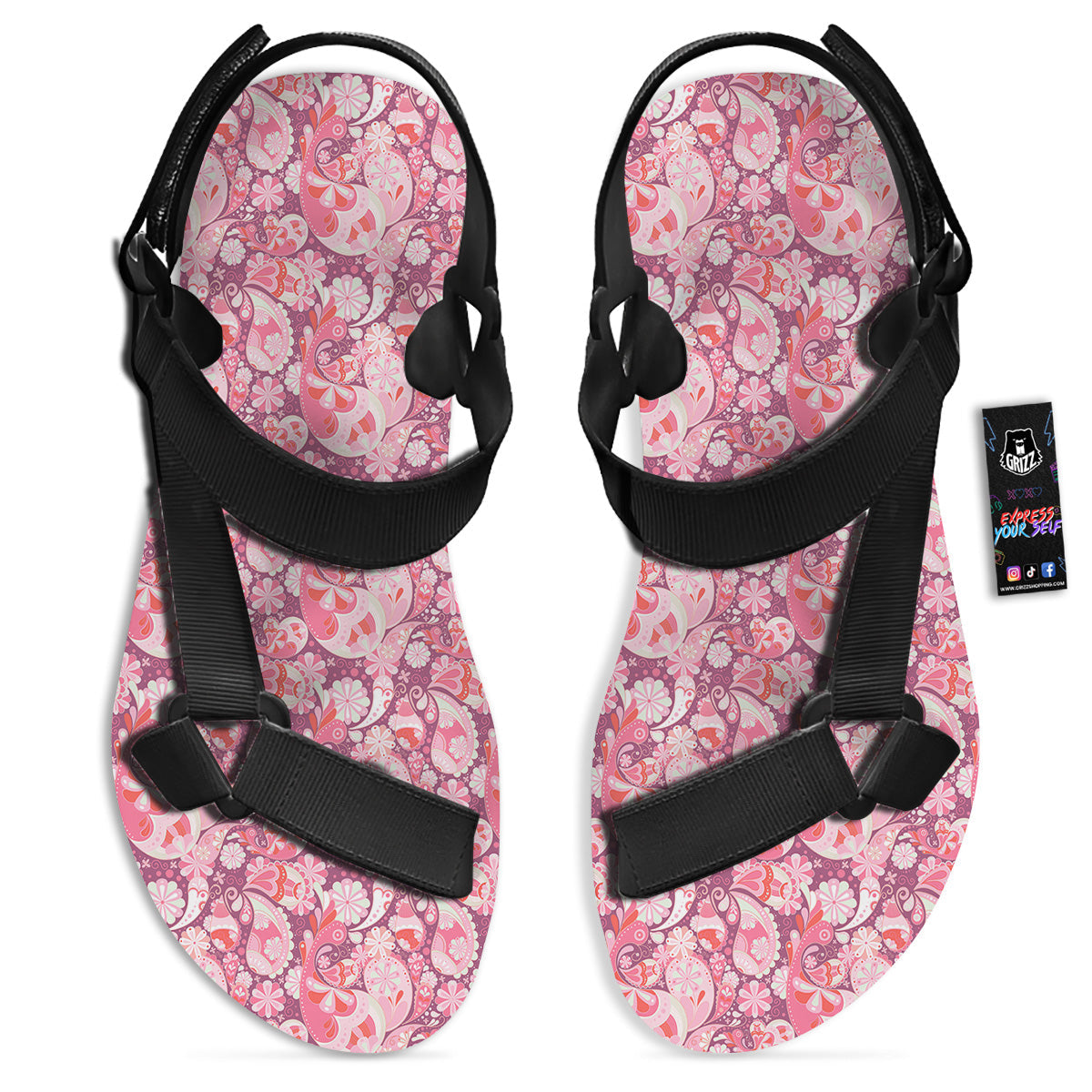 Floral Pink Paisley Print Pattern Black Open Toe Sandals-grizzshop