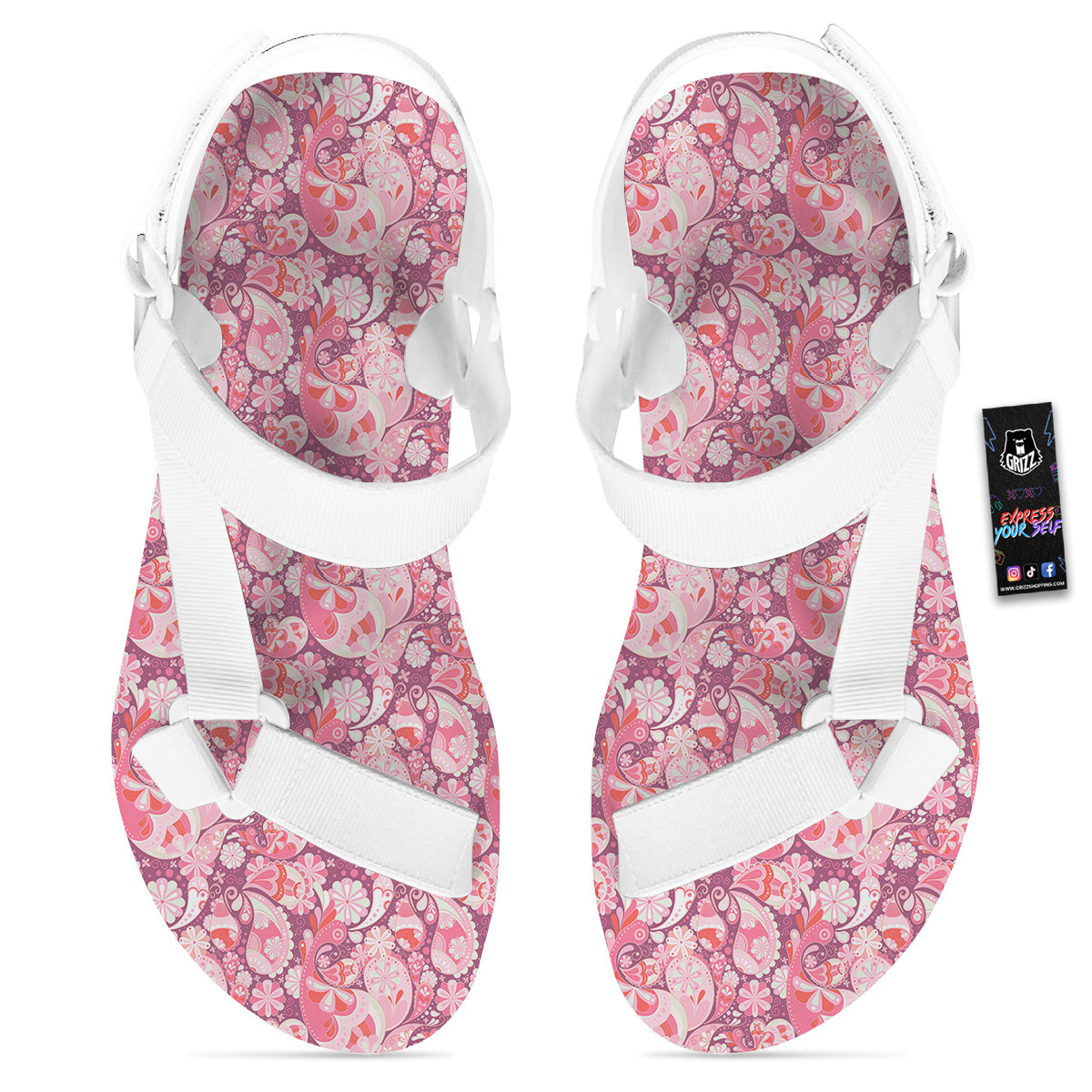 Floral Pink Paisley Print Pattern White Open Toe Sandals-grizzshop