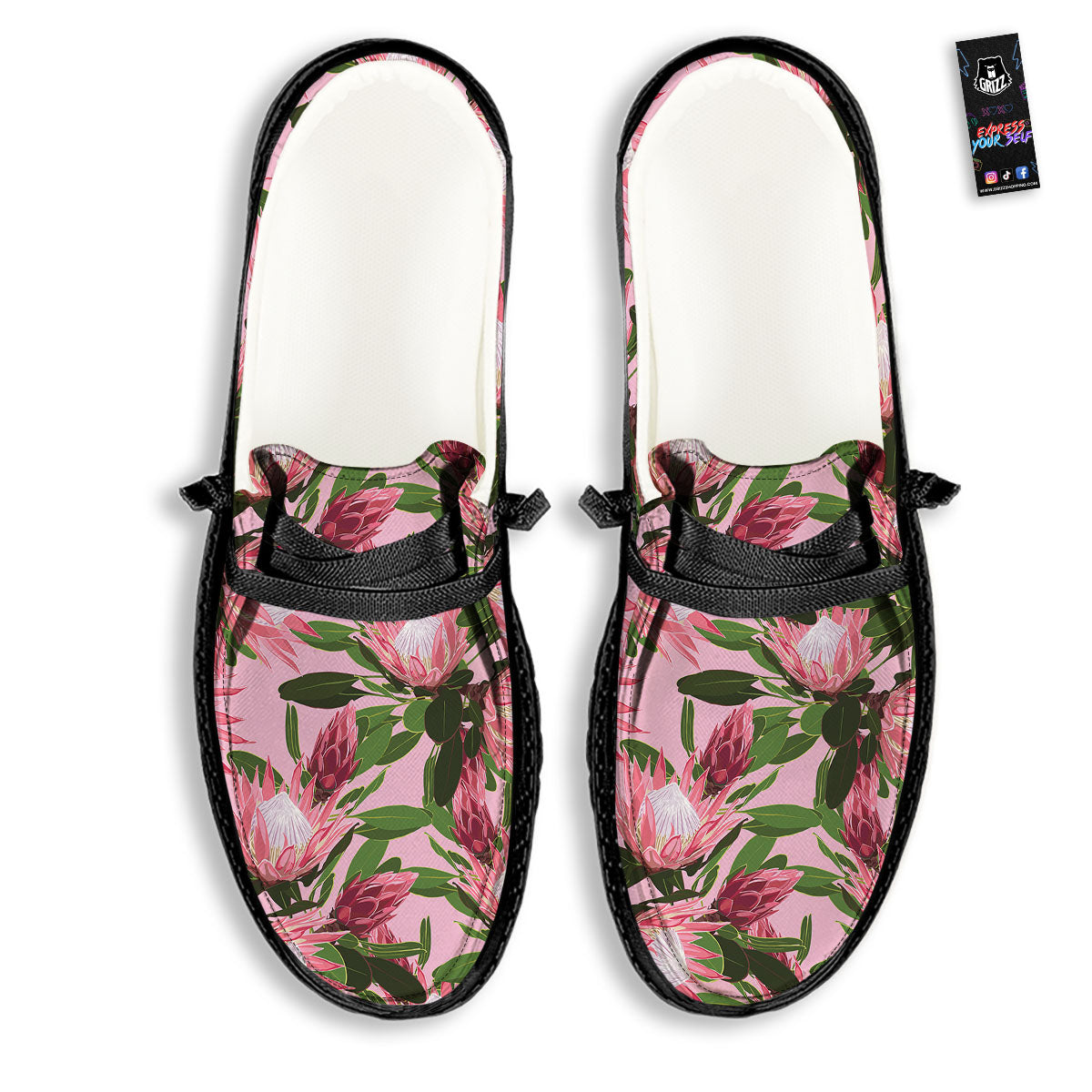 Floral Protea Print Pattern Black Loafers-grizzshop