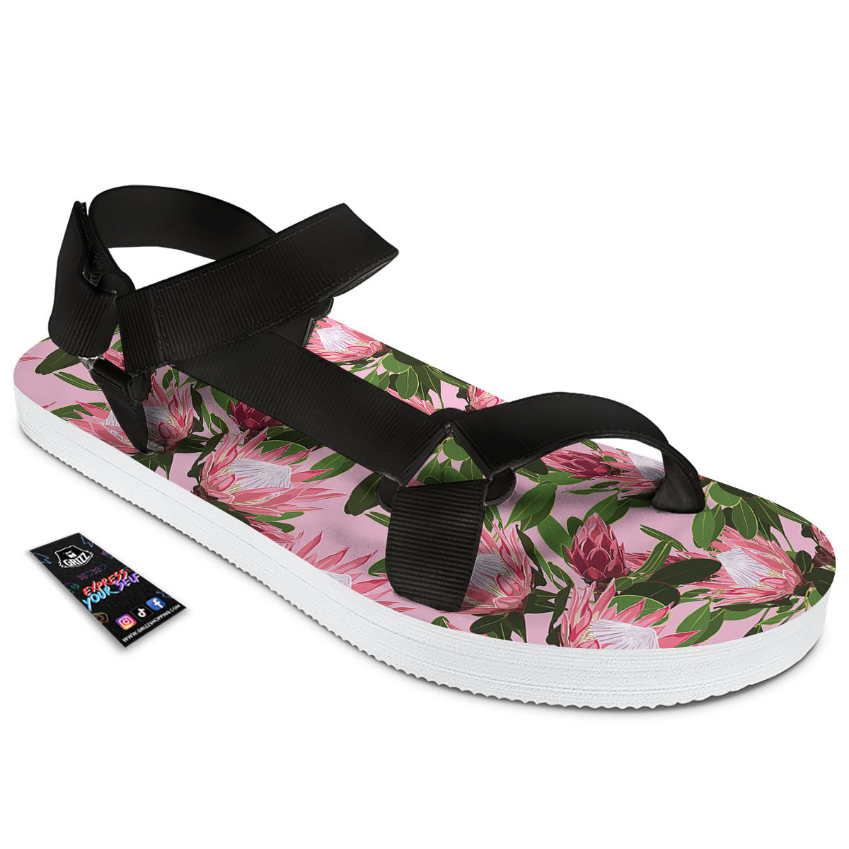 Floral Protea Print Pattern Black Open Toe Sandals-grizzshop
