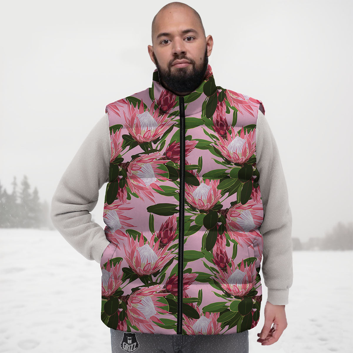 Floral Protea Print Pattern Down Vest-grizzshop