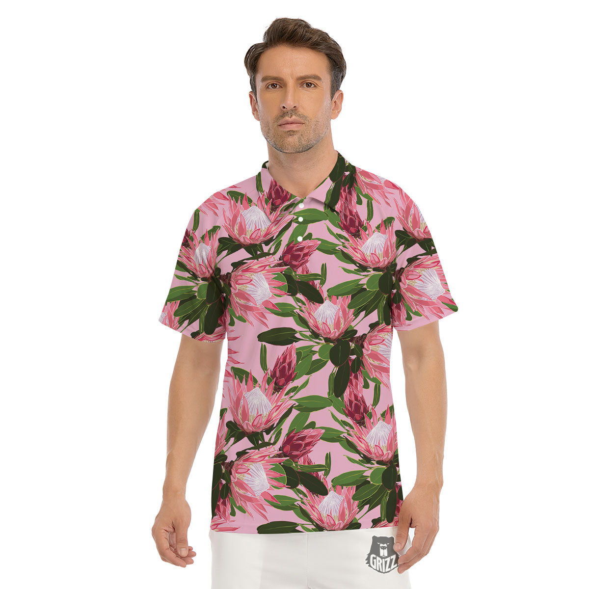 Floral Protea Print Pattern Men's Golf Shirts-grizzshop