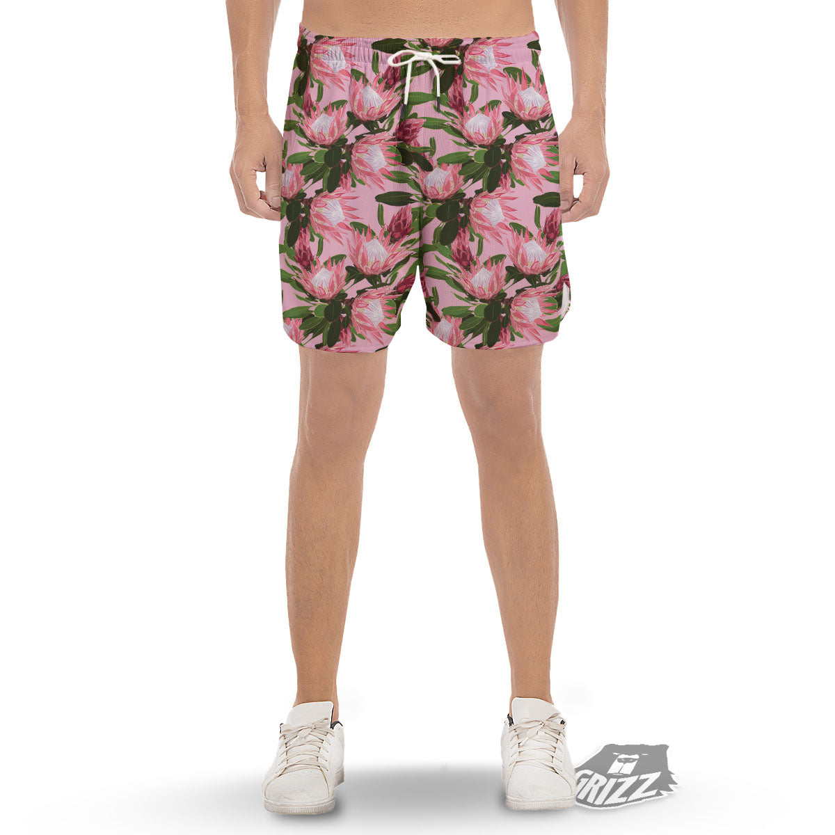 Floral Protea Print Pattern Men's Gym Shorts-grizzshop