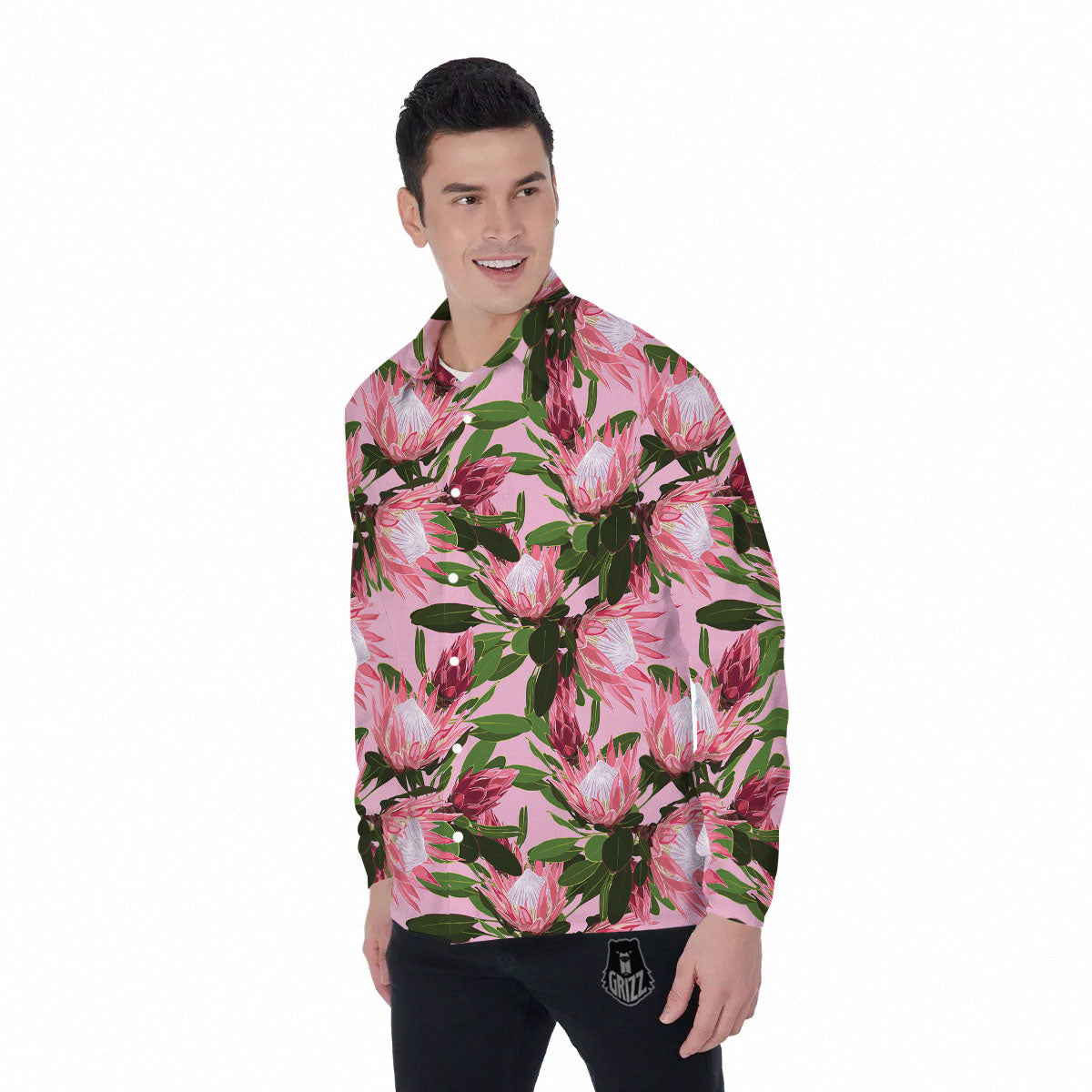 Floral Protea Print Pattern Men's Long Sleeve Shirts-grizzshop