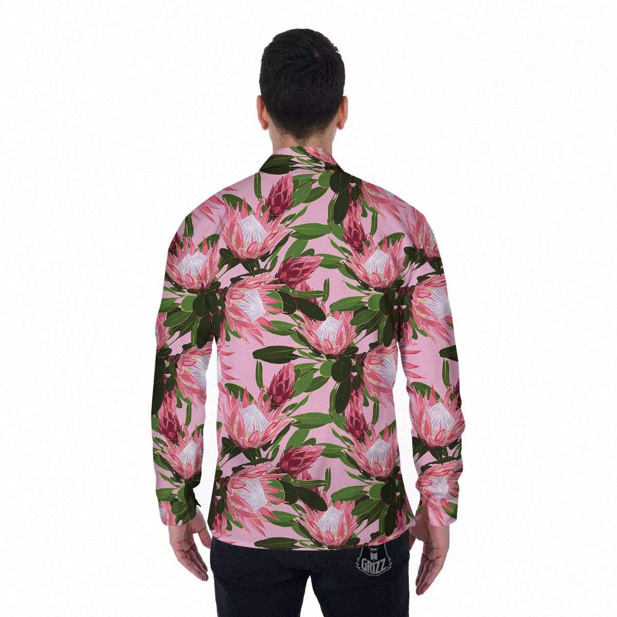 Floral Protea Print Pattern Men's Long Sleeve Shirts-grizzshop