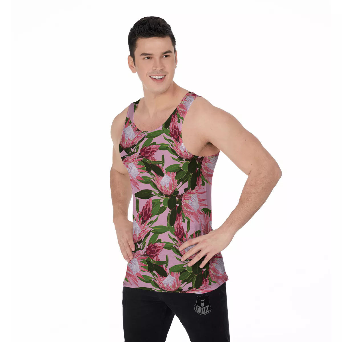 Floral Protea Print Pattern Men's Tank Top-grizzshop