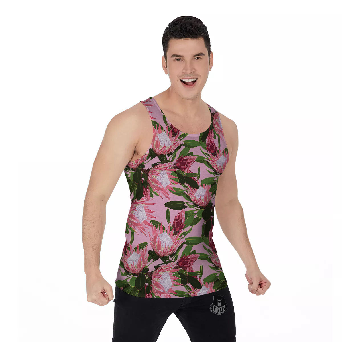 Floral Protea Print Pattern Men's Tank Top-grizzshop