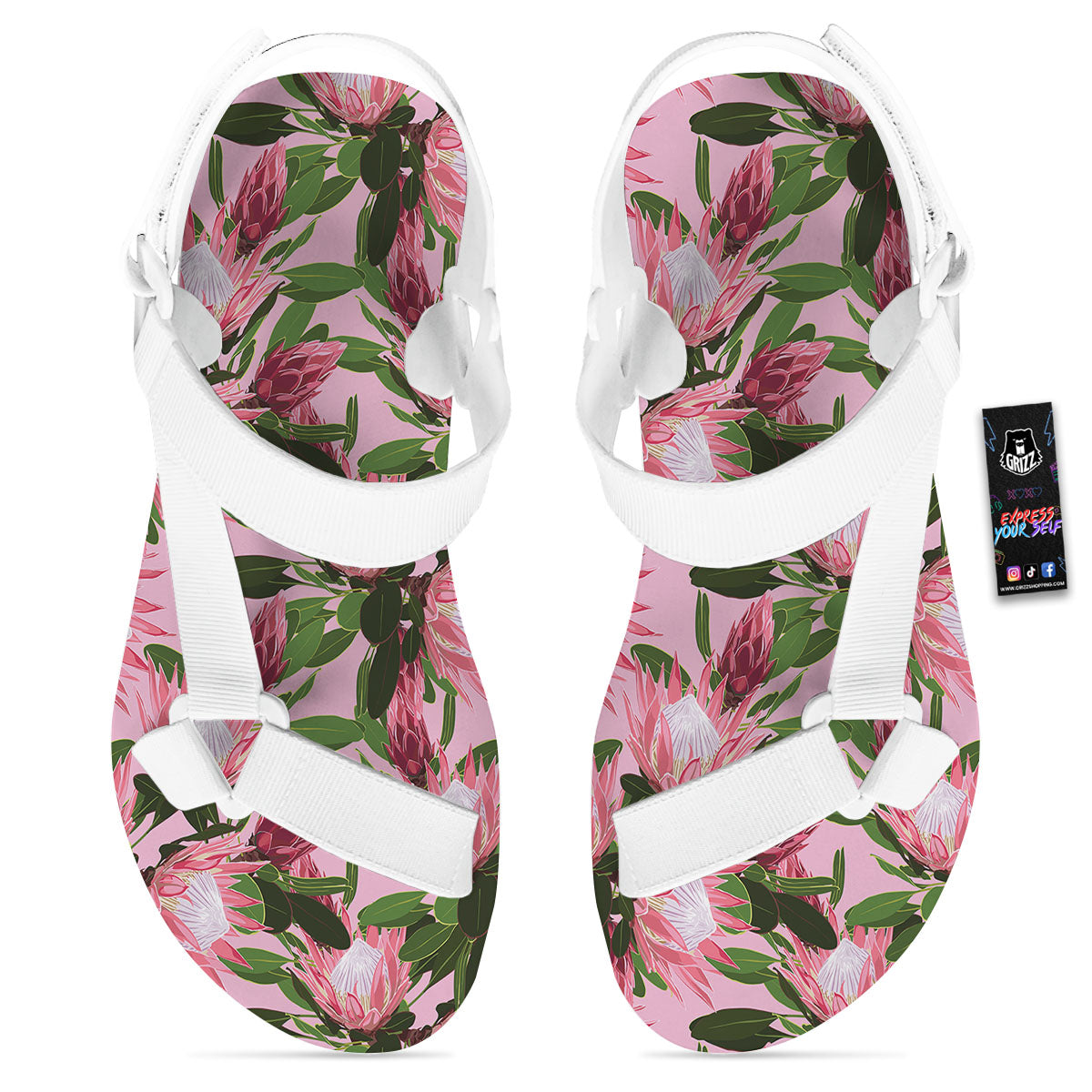 Floral Protea Print Pattern White Open Toe Sandals-grizzshop