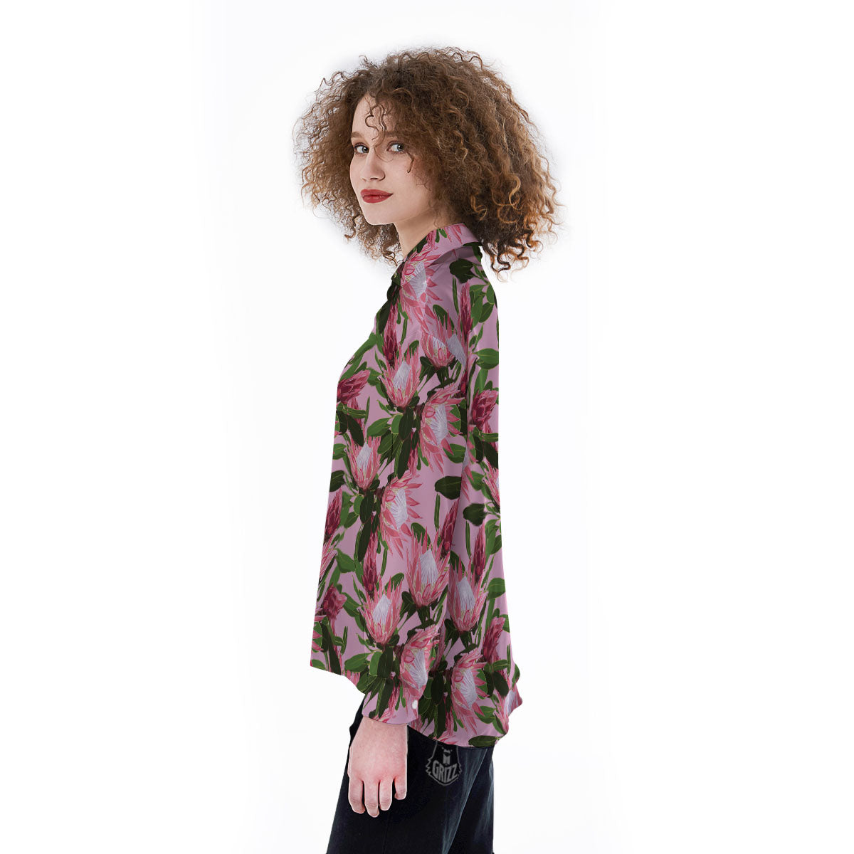 Floral Protea Print Pattern Women's Long Sleeve Shirts-grizzshop