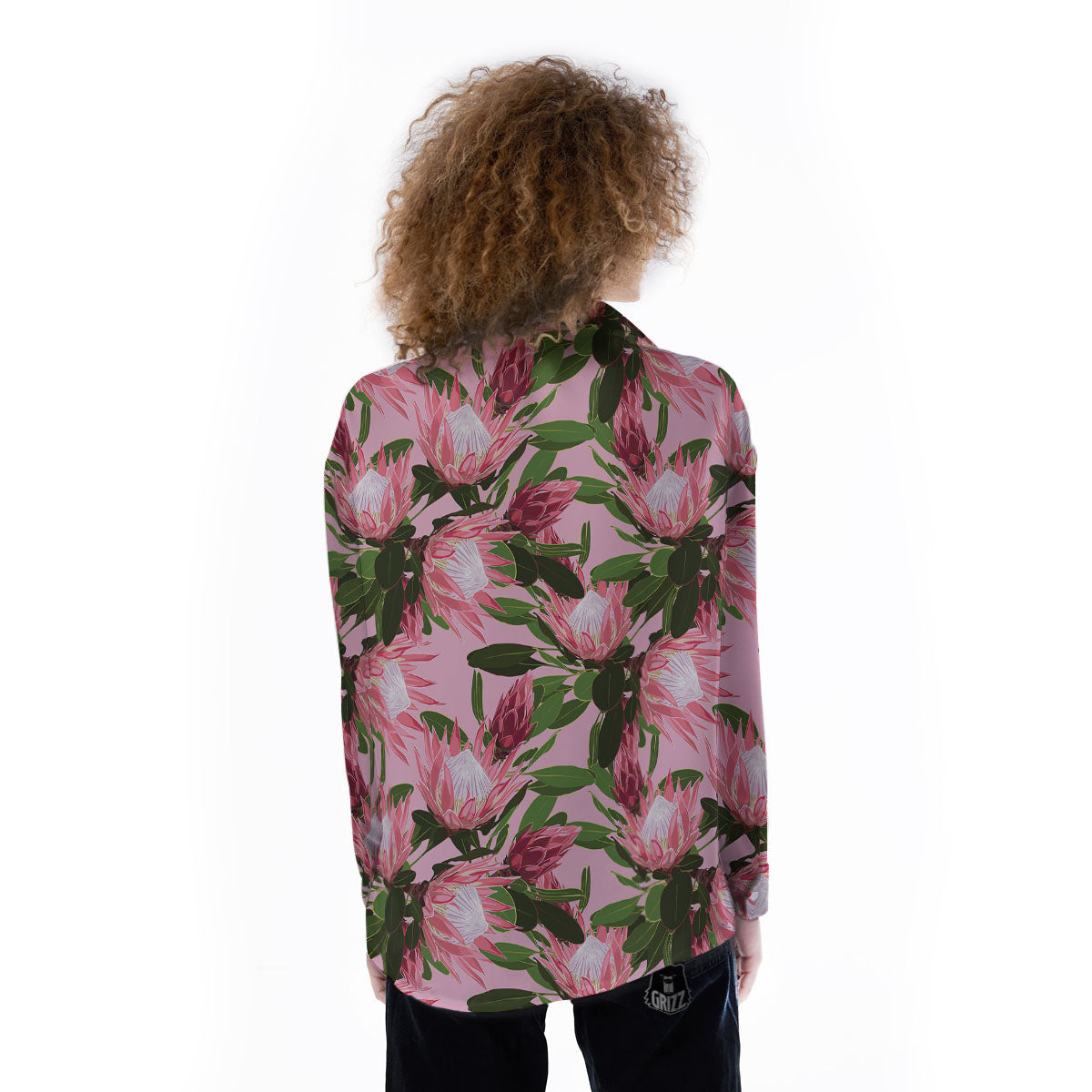 Floral Protea Print Pattern Women's Long Sleeve Shirts-grizzshop