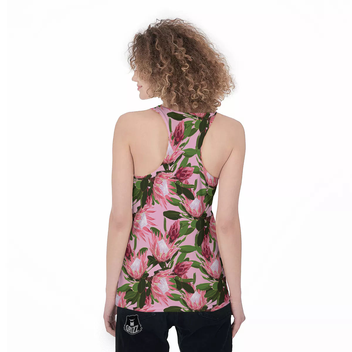 Floral Protea Print Pattern Women's Racerback Tank Top-grizzshop