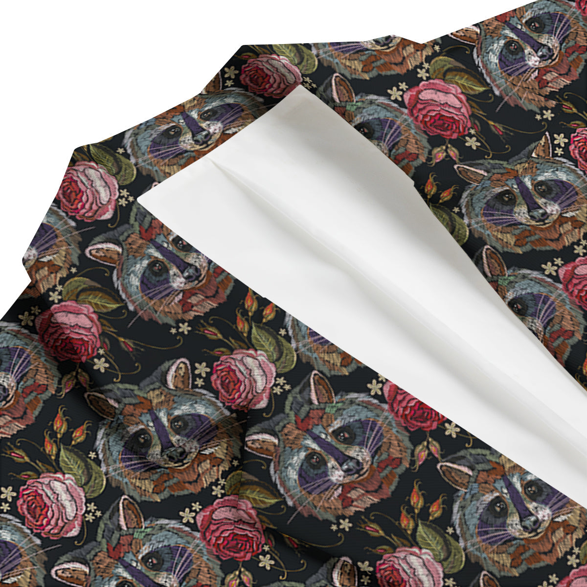 Floral Raccoon Pattern Print Men's Blazer-grizzshop