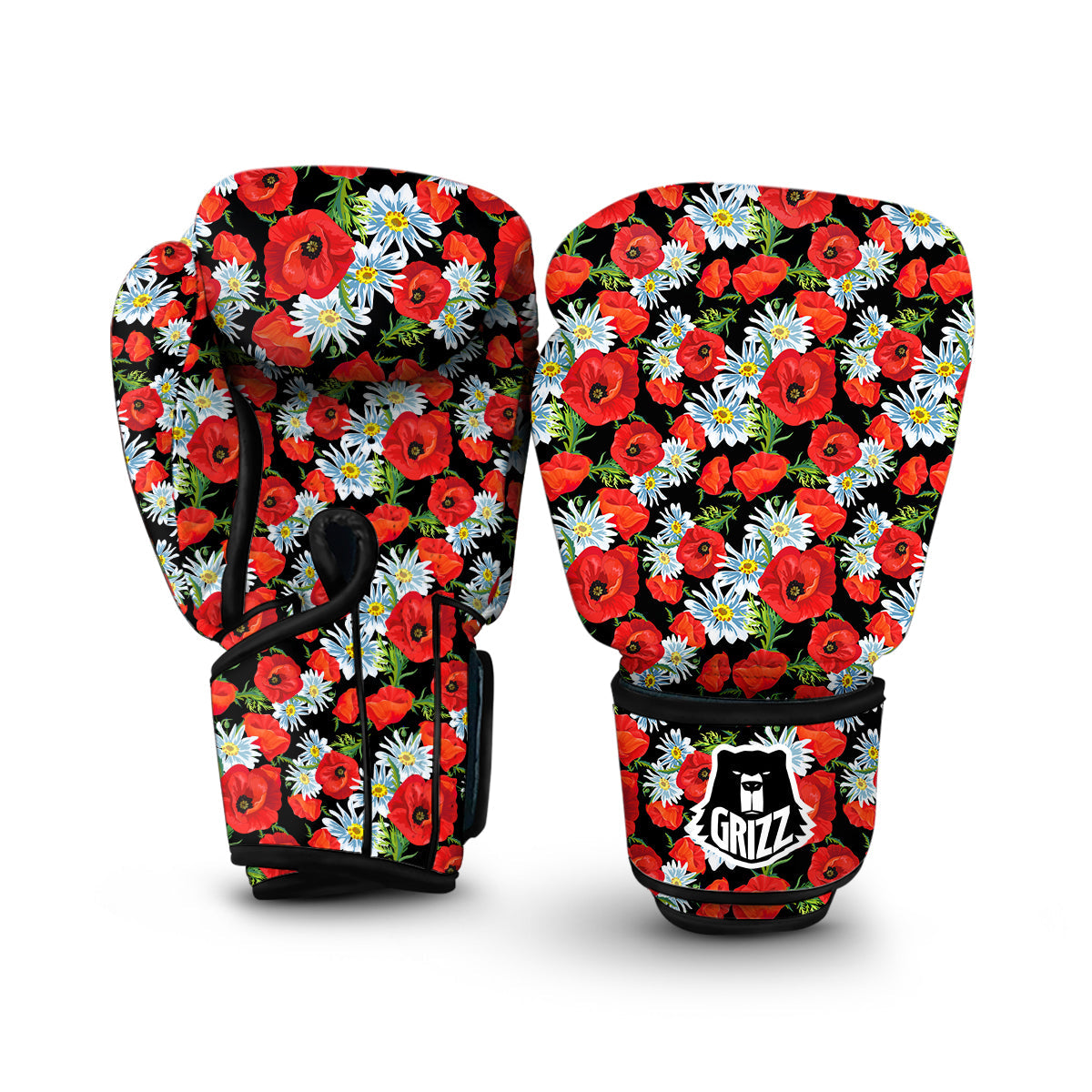Floral Red Poppy Pattern Print Boxing Gloves-grizzshop