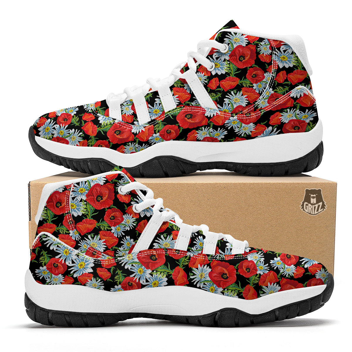 Floral Red Poppy Pattern Print White Bball Shoes-grizzshop