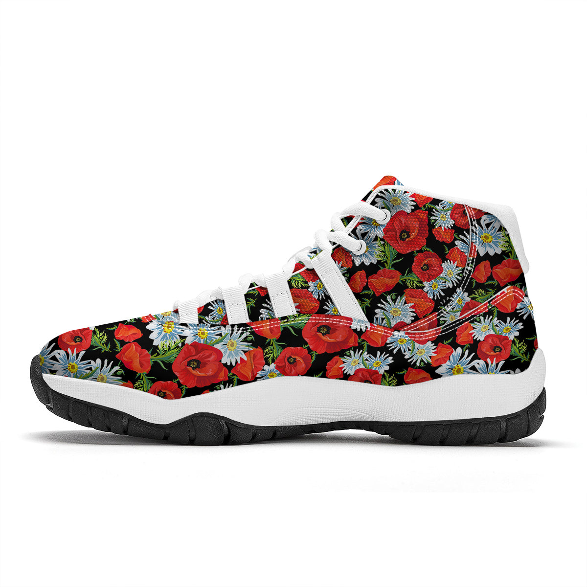 Floral Red Poppy Pattern Print White Bball Shoes-grizzshop