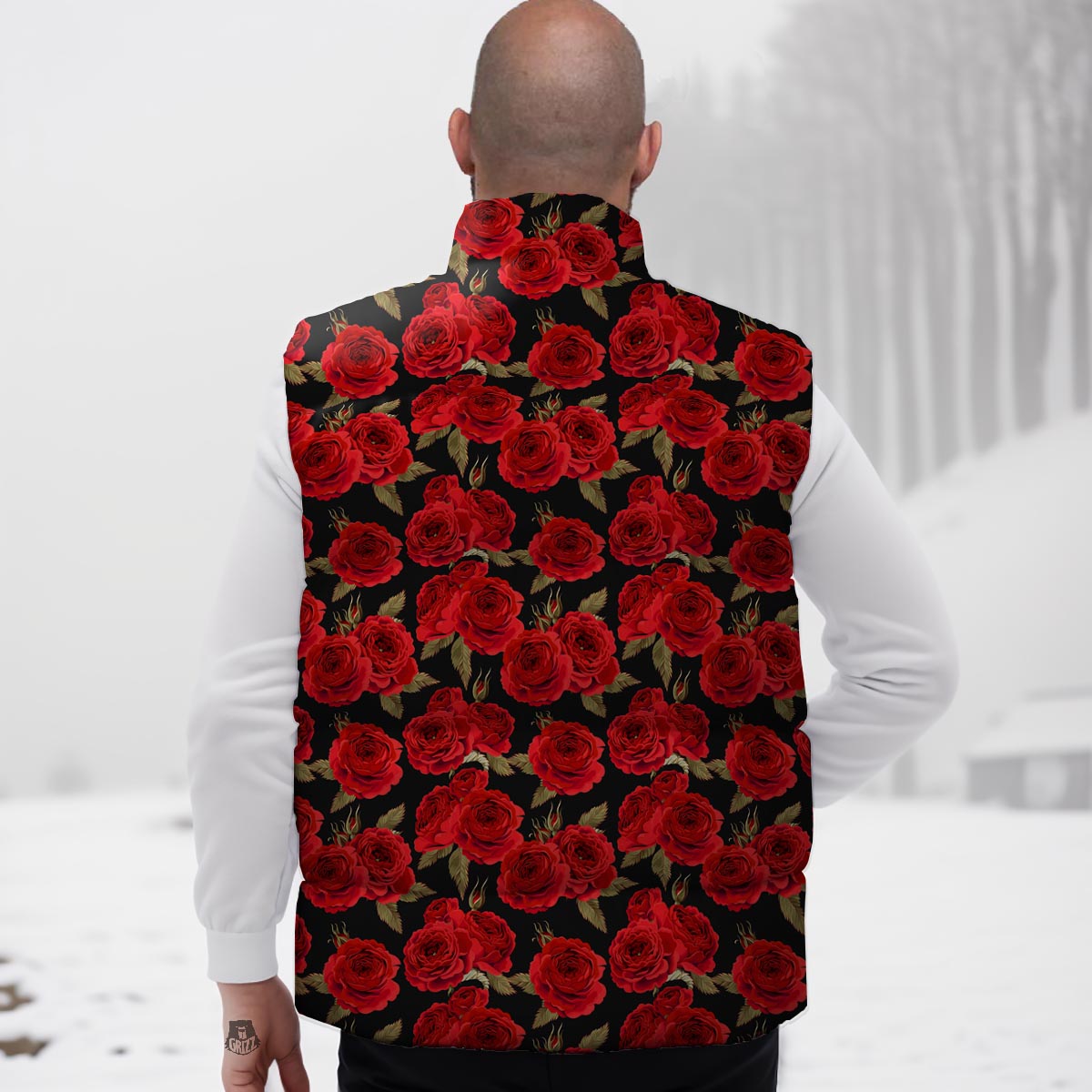 Floral Red Rose Print Pattern Down Vest-grizzshop