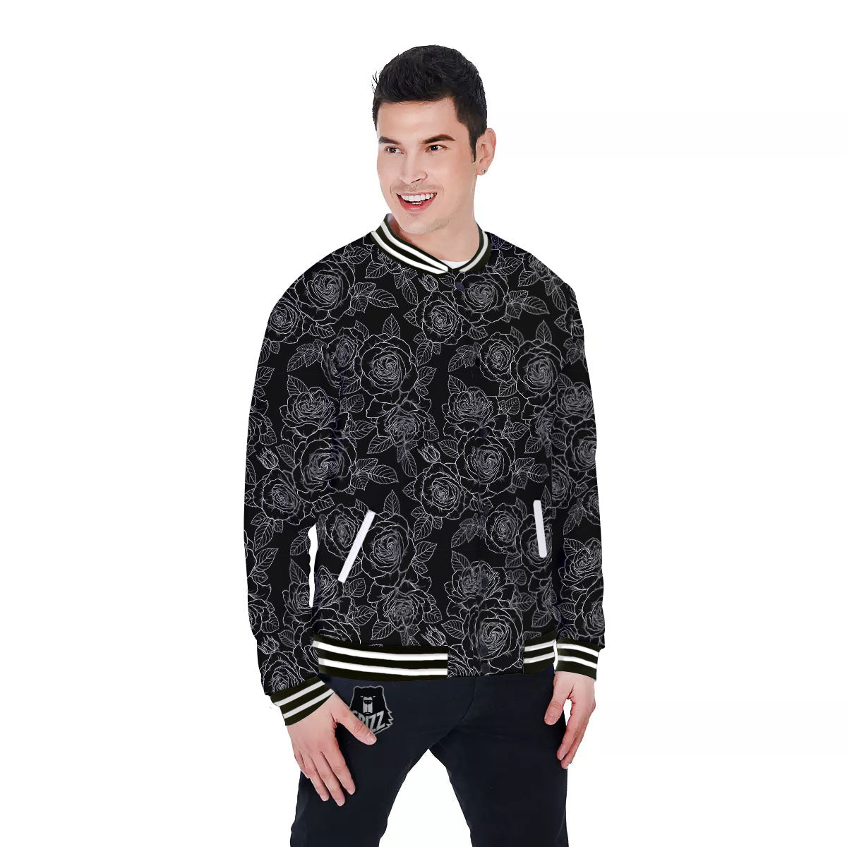 Floral Rose Monochrome Print Pattern Baseball Jacket-grizzshop