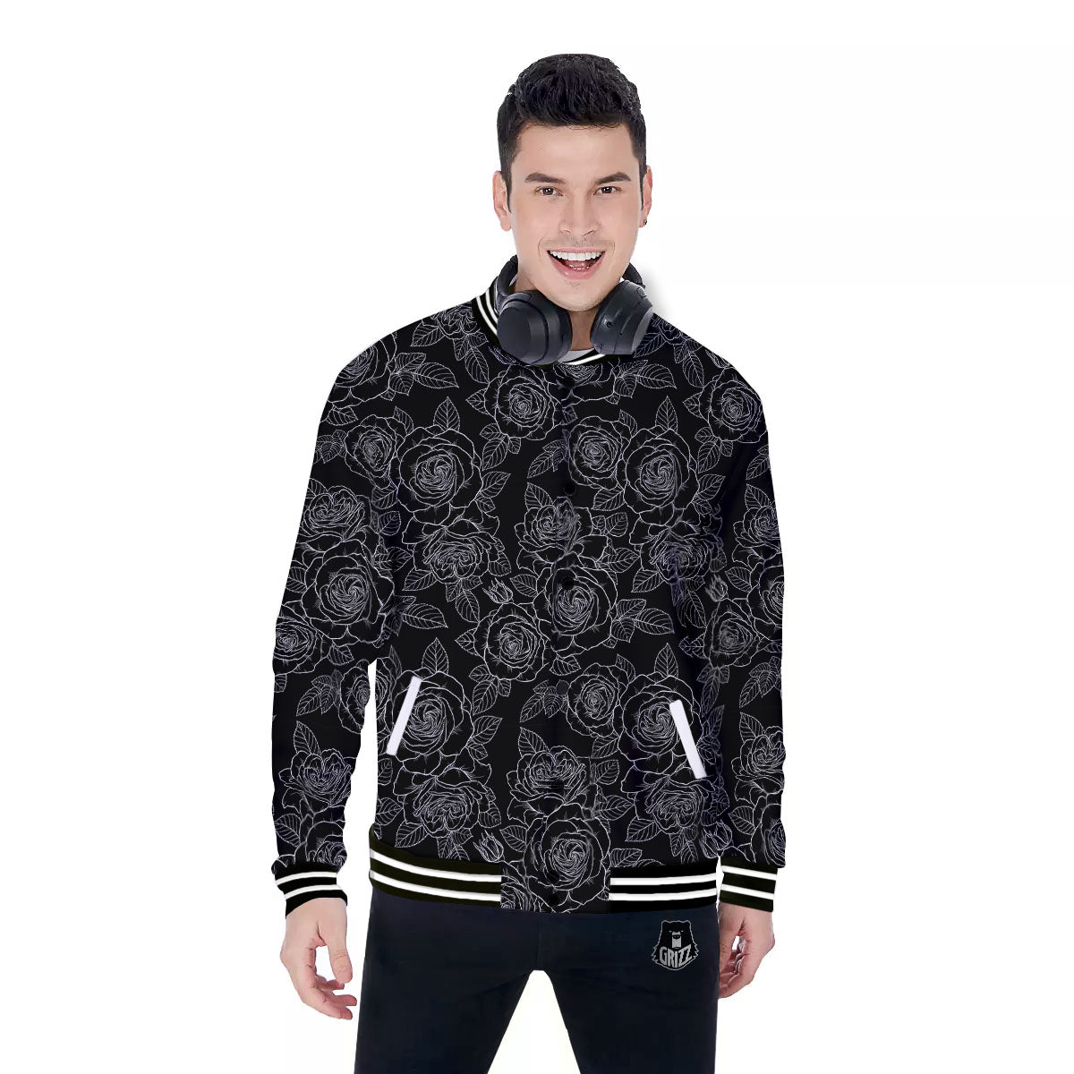 Floral Rose Monochrome Print Pattern Baseball Jacket-grizzshop
