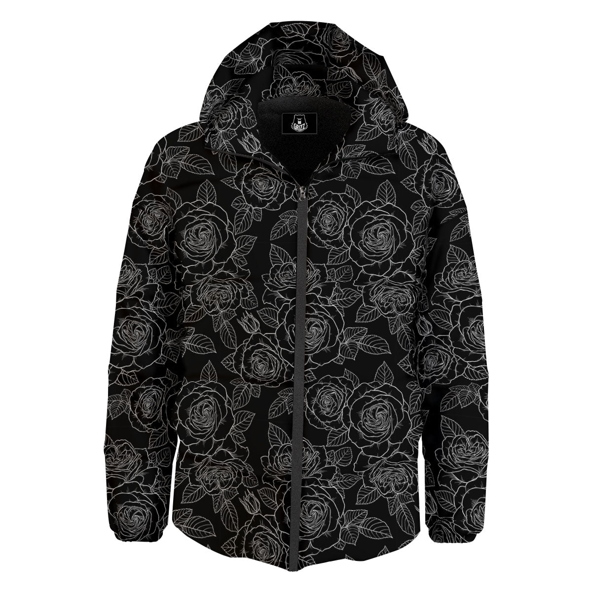 Floral Rose Monochrome Print Pattern Down Jacket-grizzshop