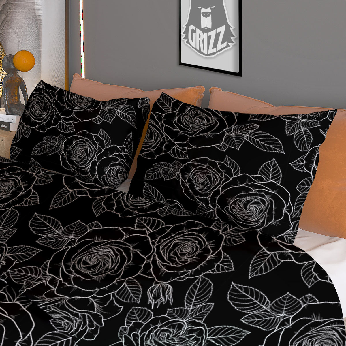 Floral Rose Monochrome Print Pattern Duvet Cover Bedding Set