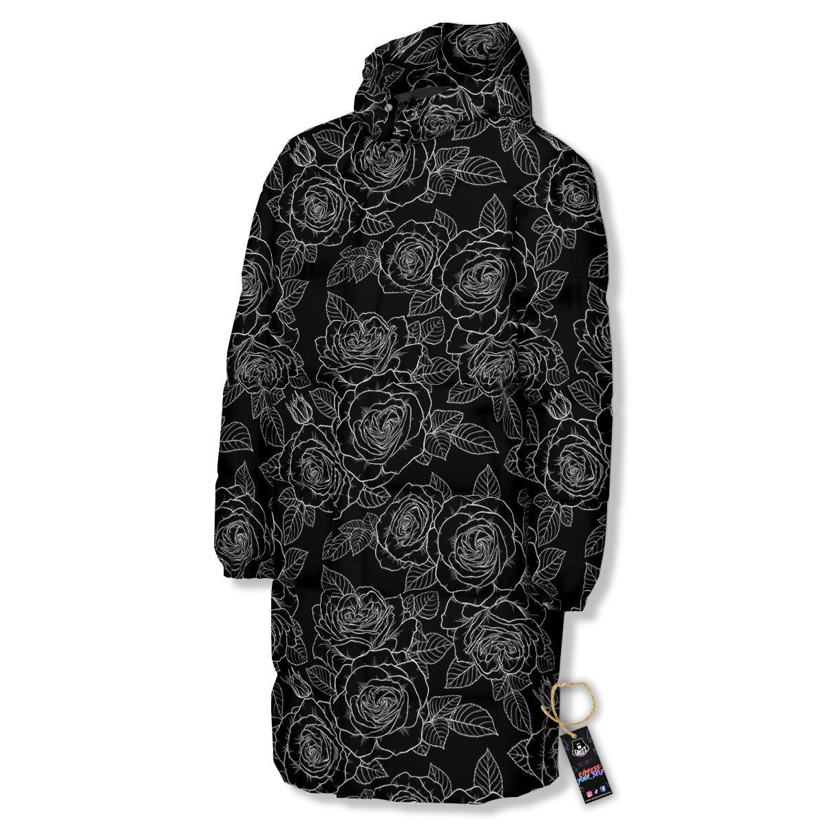 Floral Rose Monochrome Print Pattern Long Down Jacket-grizzshop