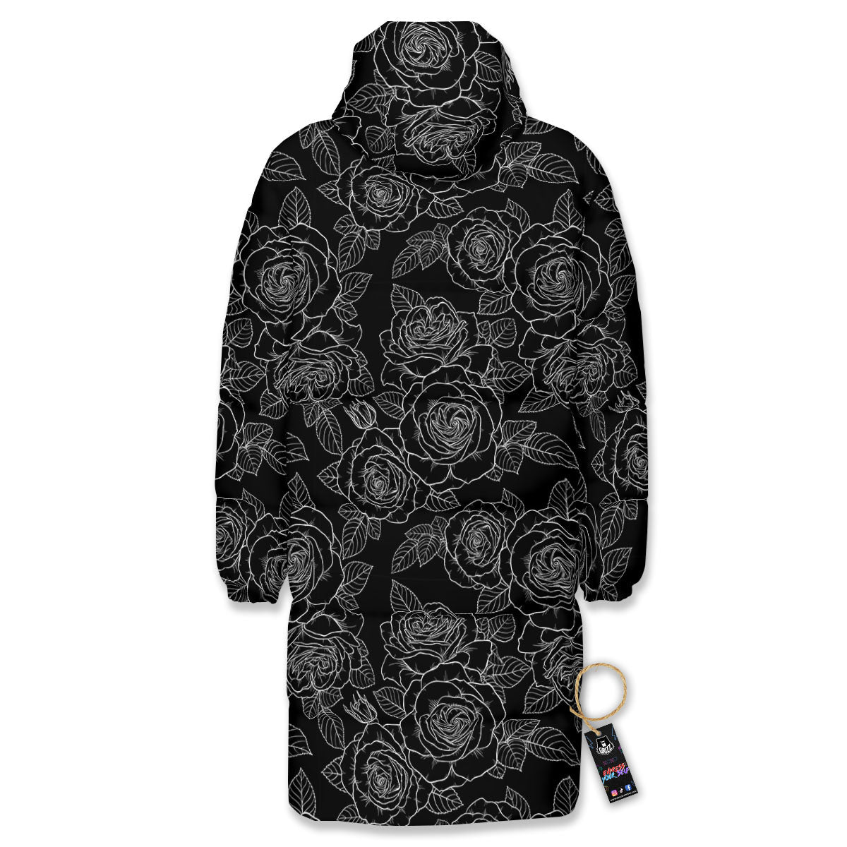 Floral Rose Monochrome Print Pattern Long Down Jacket-grizzshop