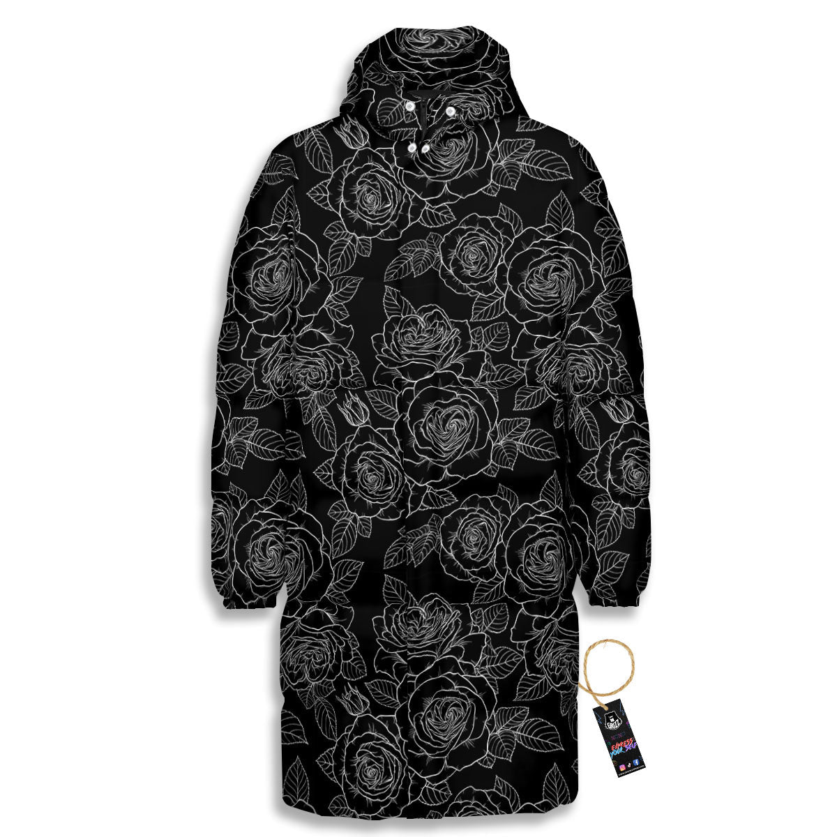 Floral Rose Monochrome Print Pattern Long Down Jacket-grizzshop