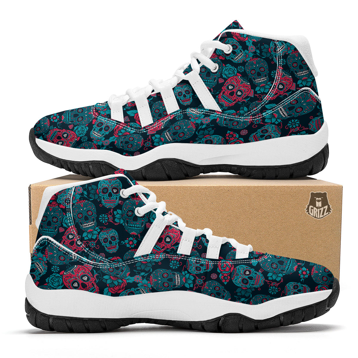 Floral Rose Sugar Skull Skeleton Girly Pattern Print White Bball Shoes-grizzshop
