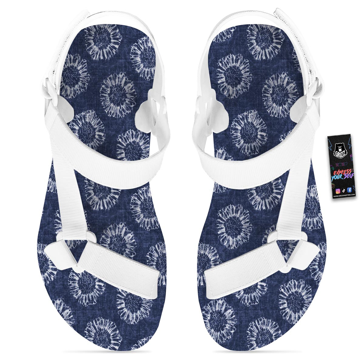 Floral Shibori Print Pattern White Open Toe Sandals-grizzshop