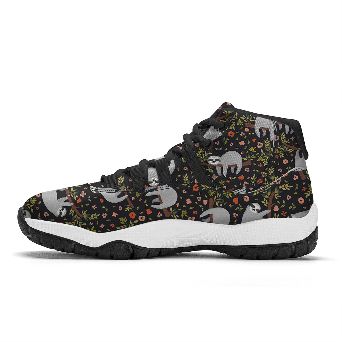 Floral Sloth Pattern Print Black Bball Shoes-grizzshop