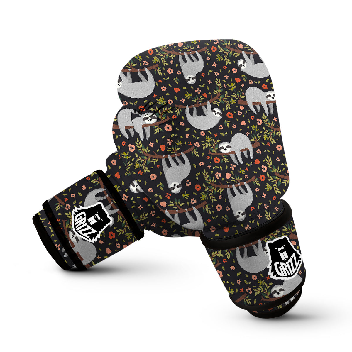 Floral Sloth Pattern Print Boxing Gloves-grizzshop