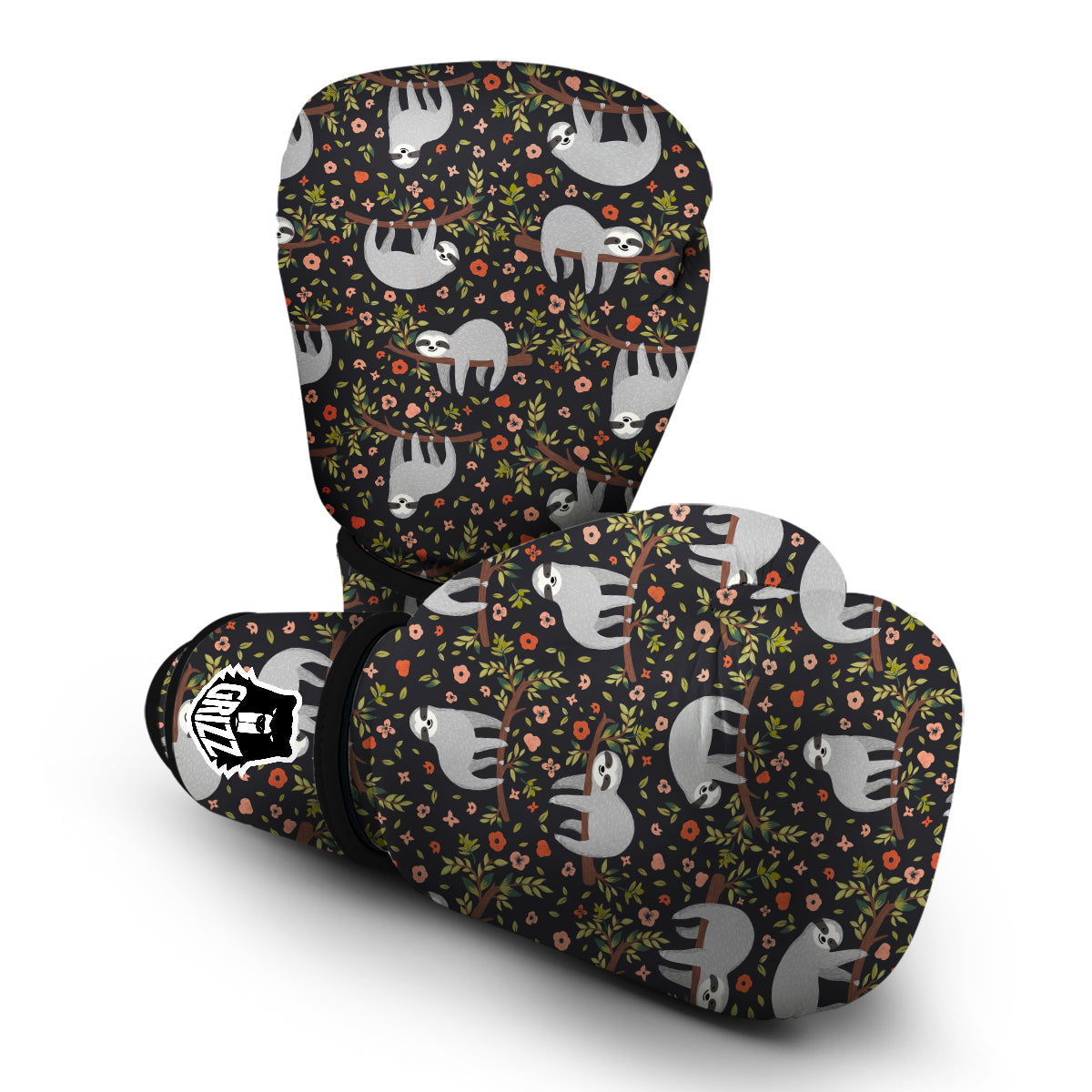 Floral Sloth Pattern Print Boxing Gloves-grizzshop