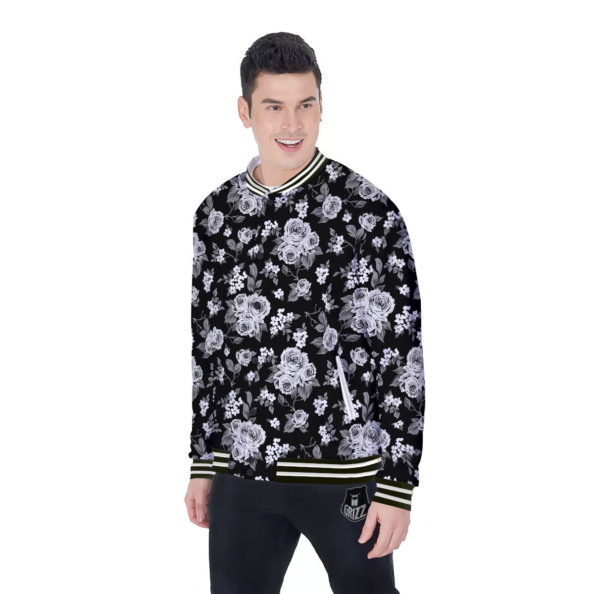 Floral Spring Monochrome Print Pattern Baseball Jacket-grizzshop