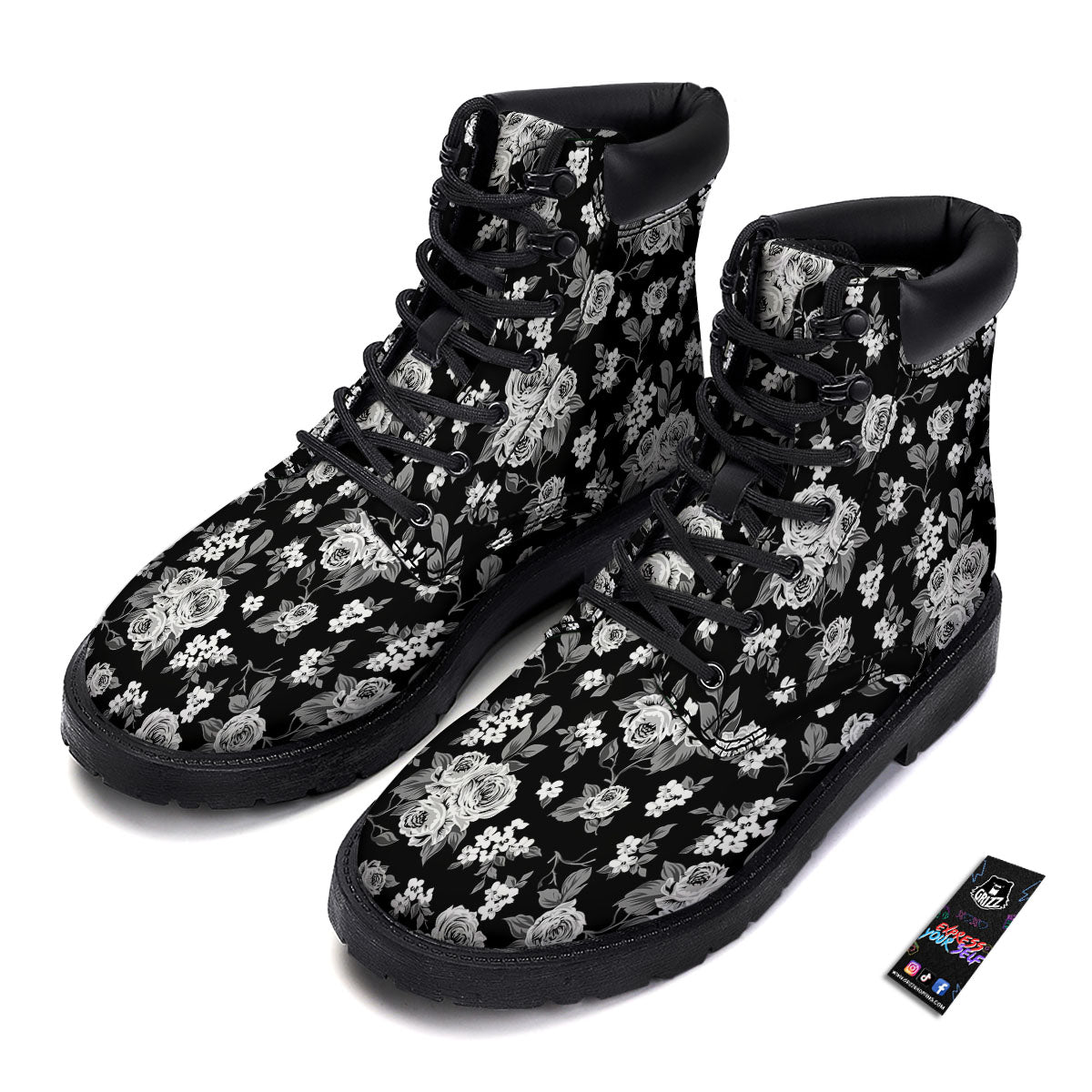 Floral Spring Monochrome Print Pattern Boots-grizzshop
