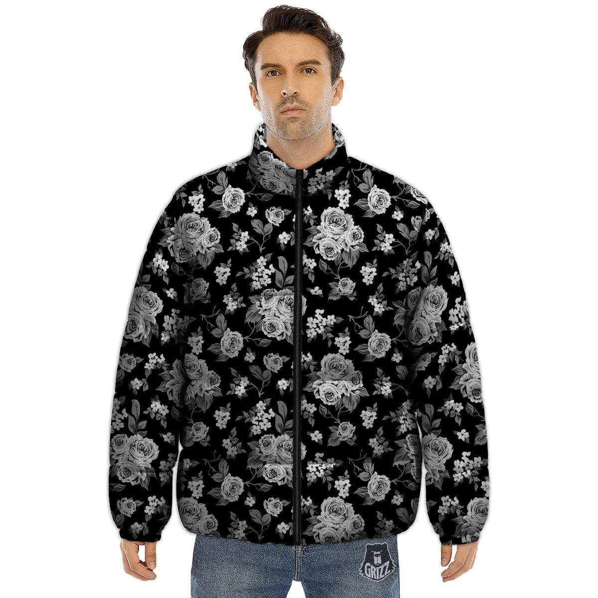 Floral Spring Monochrome Print Pattern Puffer Jacket-grizzshop