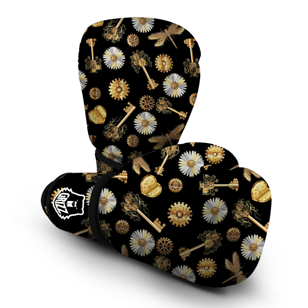 Floral Steampunk Pattern Print Boxing Gloves-grizzshop
