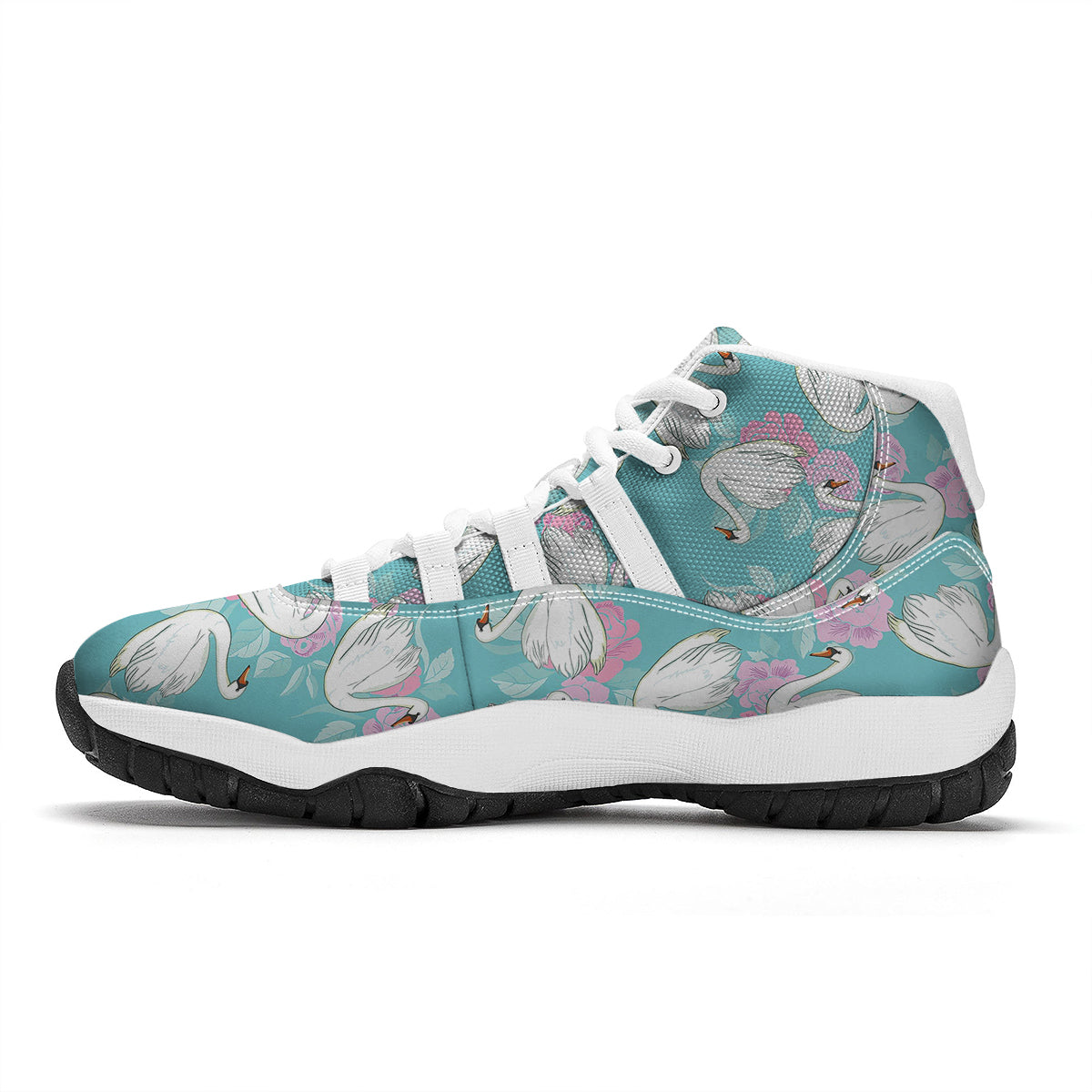Floral Swan Pattern Print White Bball Shoes-grizzshop