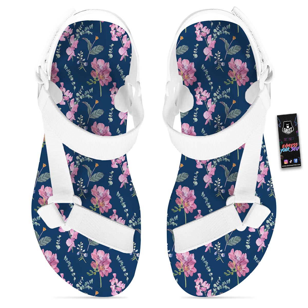 Floral Sweet Pea Print Pattern White Open Toe Sandals-grizzshop