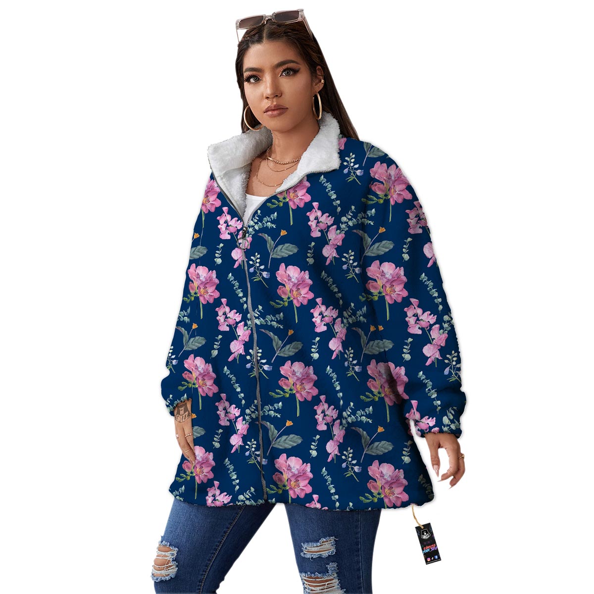 Floral Sweet Pea Print Pattern Women's Sherpa Jacket-grizzshop