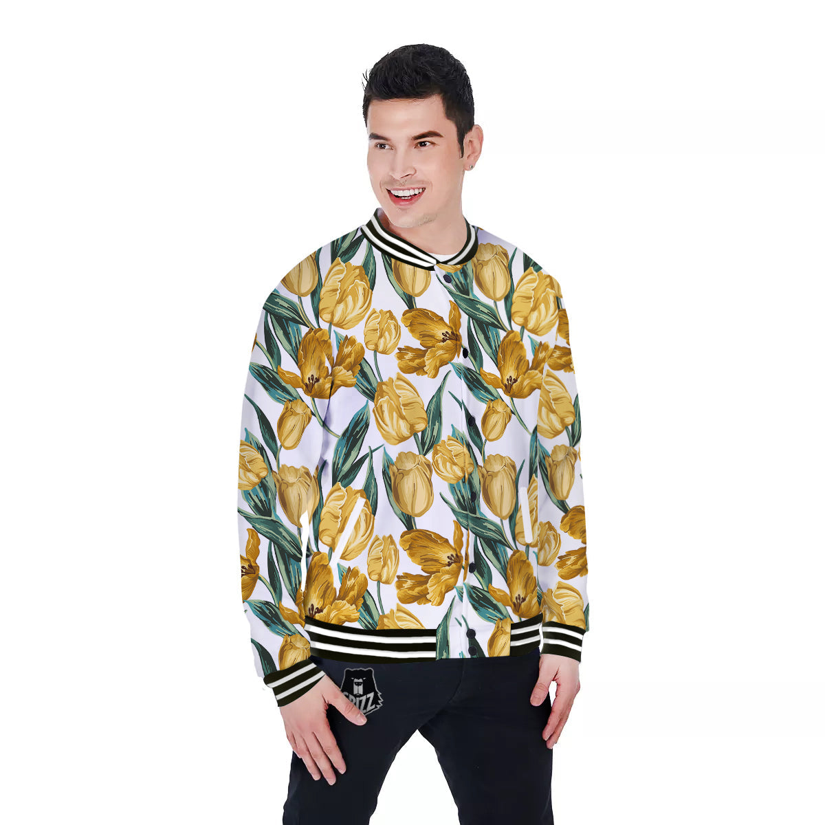Floral Tulip Yellow Print Pattern Baseball Jacket-grizzshop