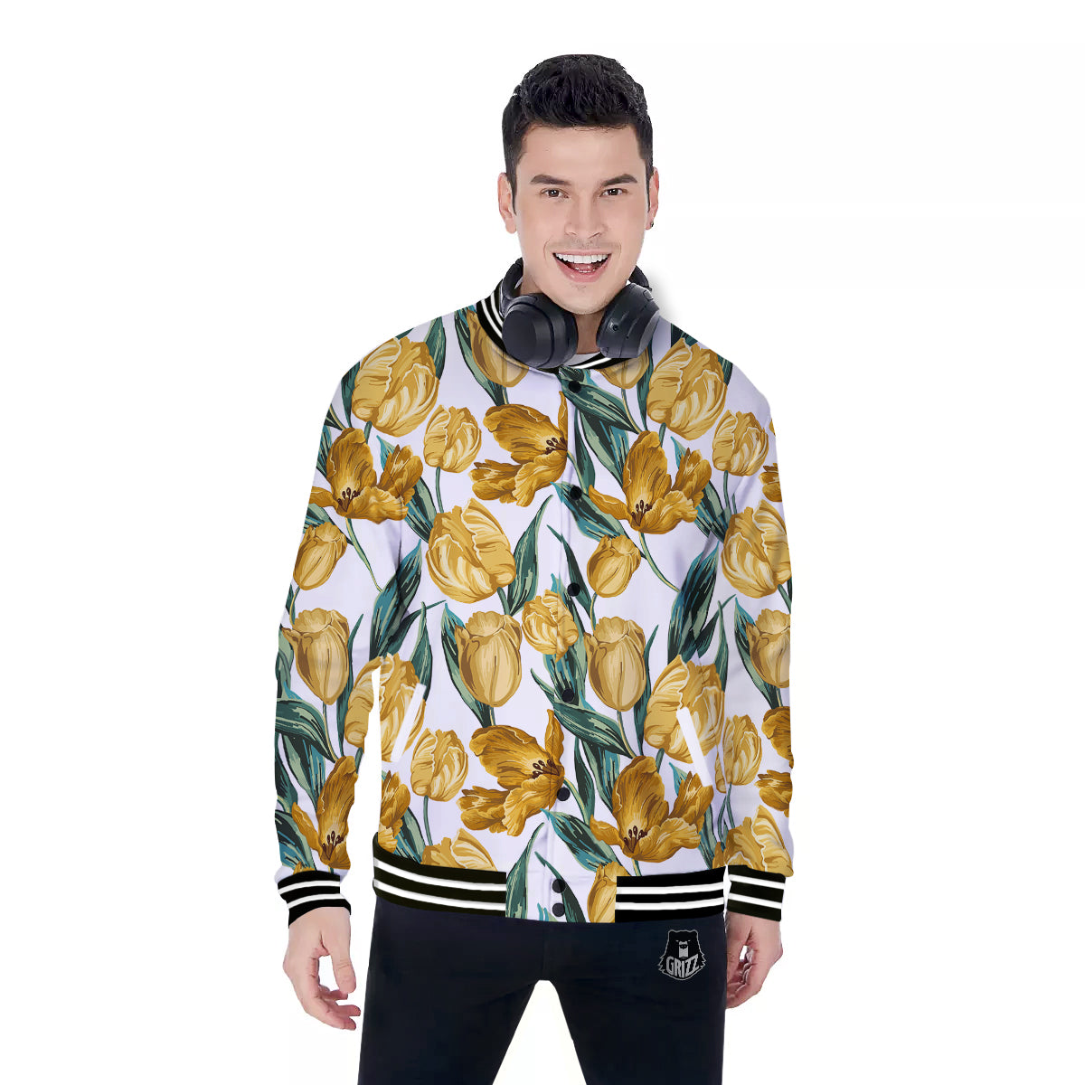 Floral Tulip Yellow Print Pattern Baseball Jacket-grizzshop