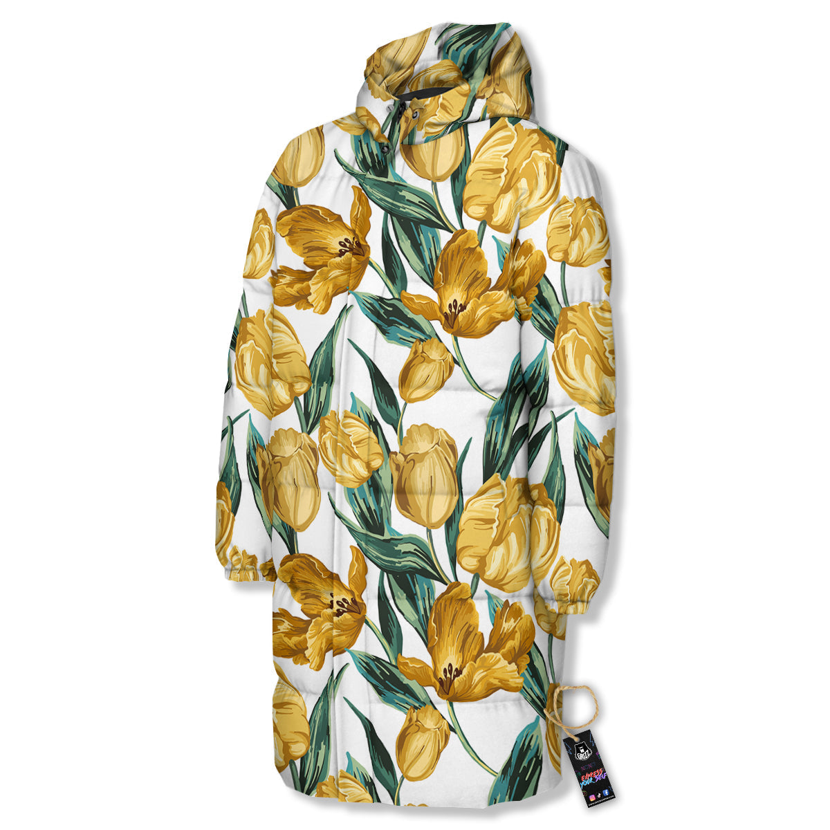 Floral Tulip Yellow Print Pattern Long Down Jacket-grizzshop