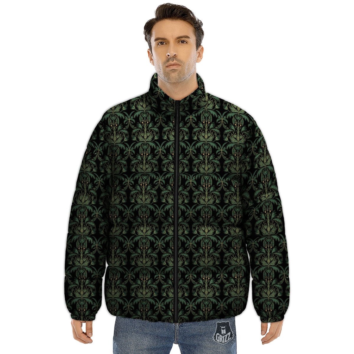 Floral Western Dark Print Pattern Puffer Jacket-grizzshop