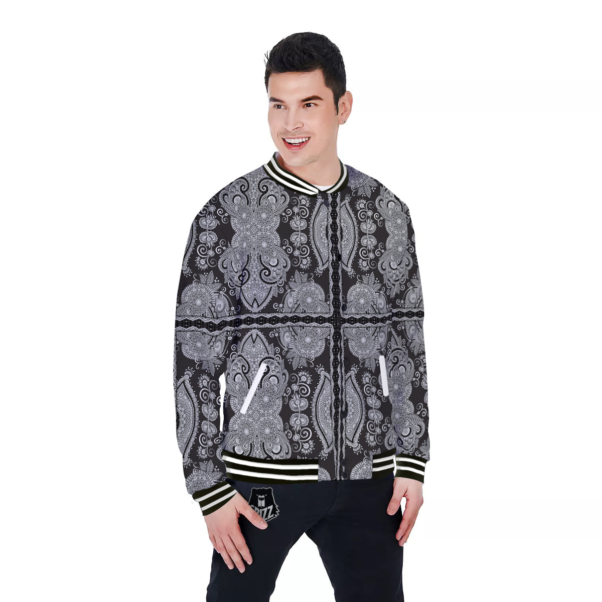 Floral Western Grey And White Print Pattern Baseball Jacket-grizzshop
