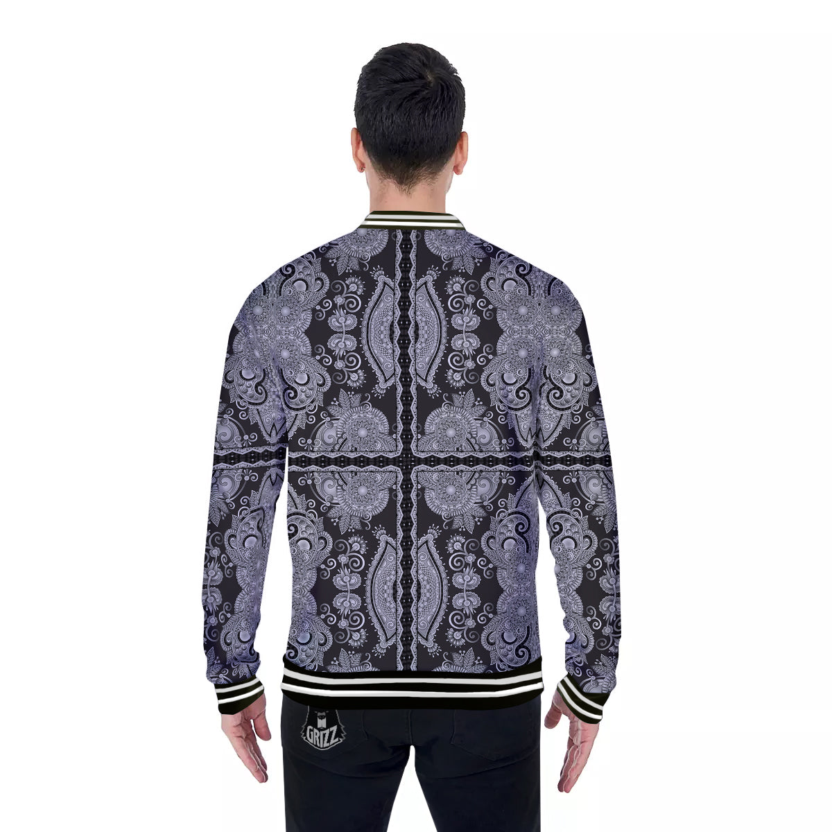Floral Western Grey And White Print Pattern Baseball Jacket-grizzshop