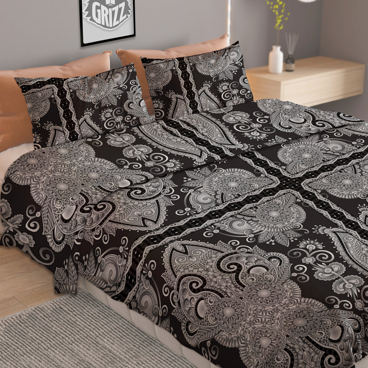 Floral Western Grey And White Print Pattern Duvet Cover Bedding Set