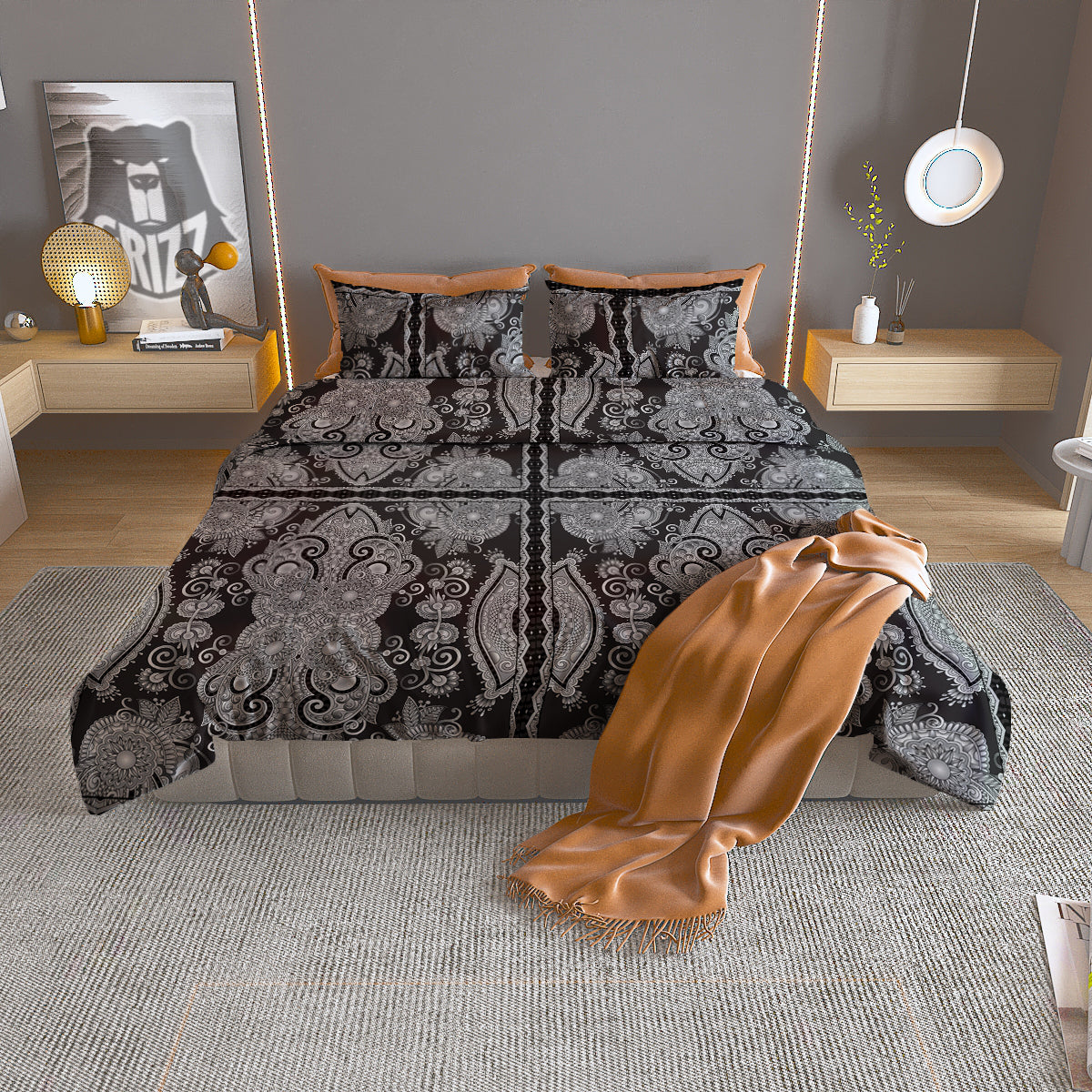 Floral Western Grey And White Print Pattern Duvet Cover Bedding Set