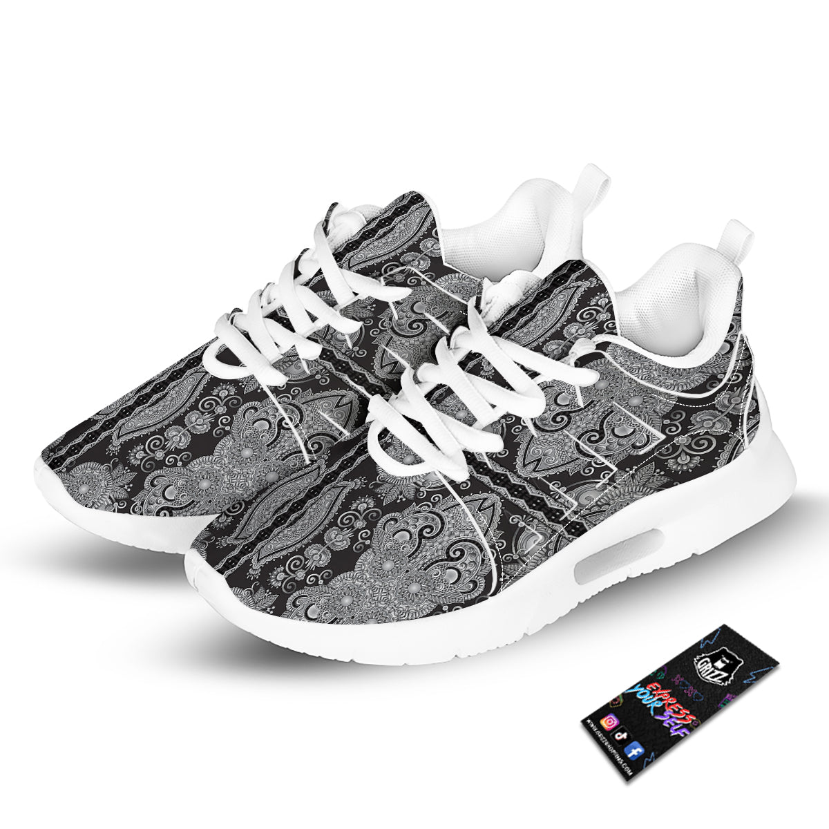 Floral Western Grey And White Print Pattern Tennis Shoes-grizzshop